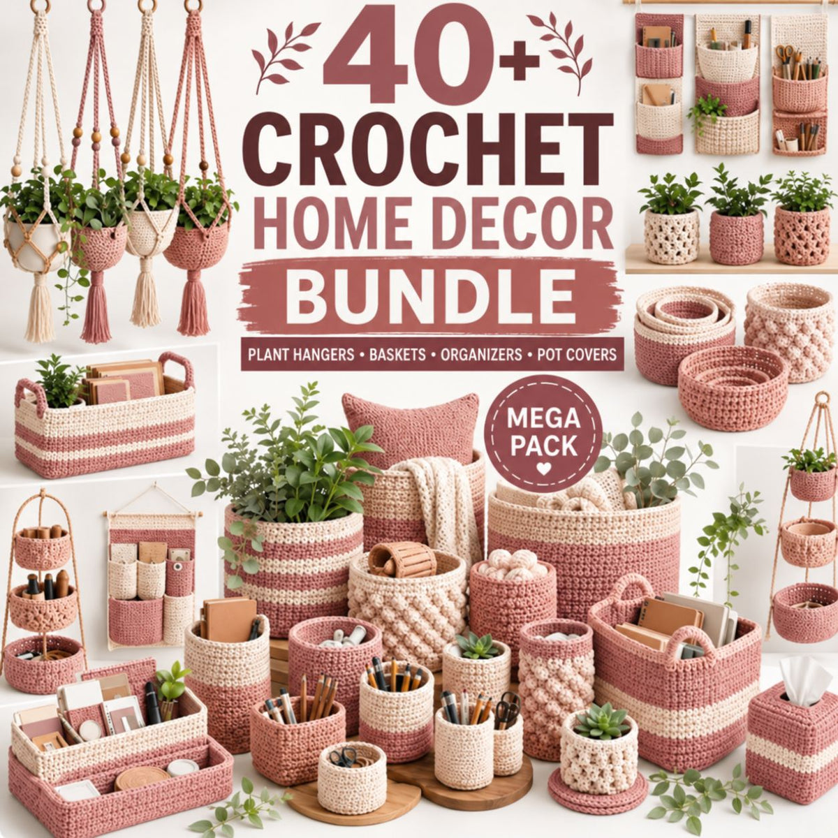 40 crochet home decor patterns bundle pdf | crochet basket, plant pot cozy & hanging planter patterns